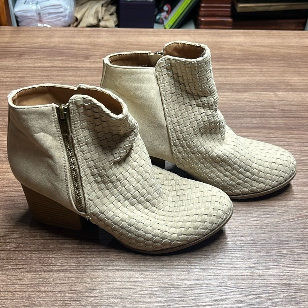 Tan woven faux suede boots